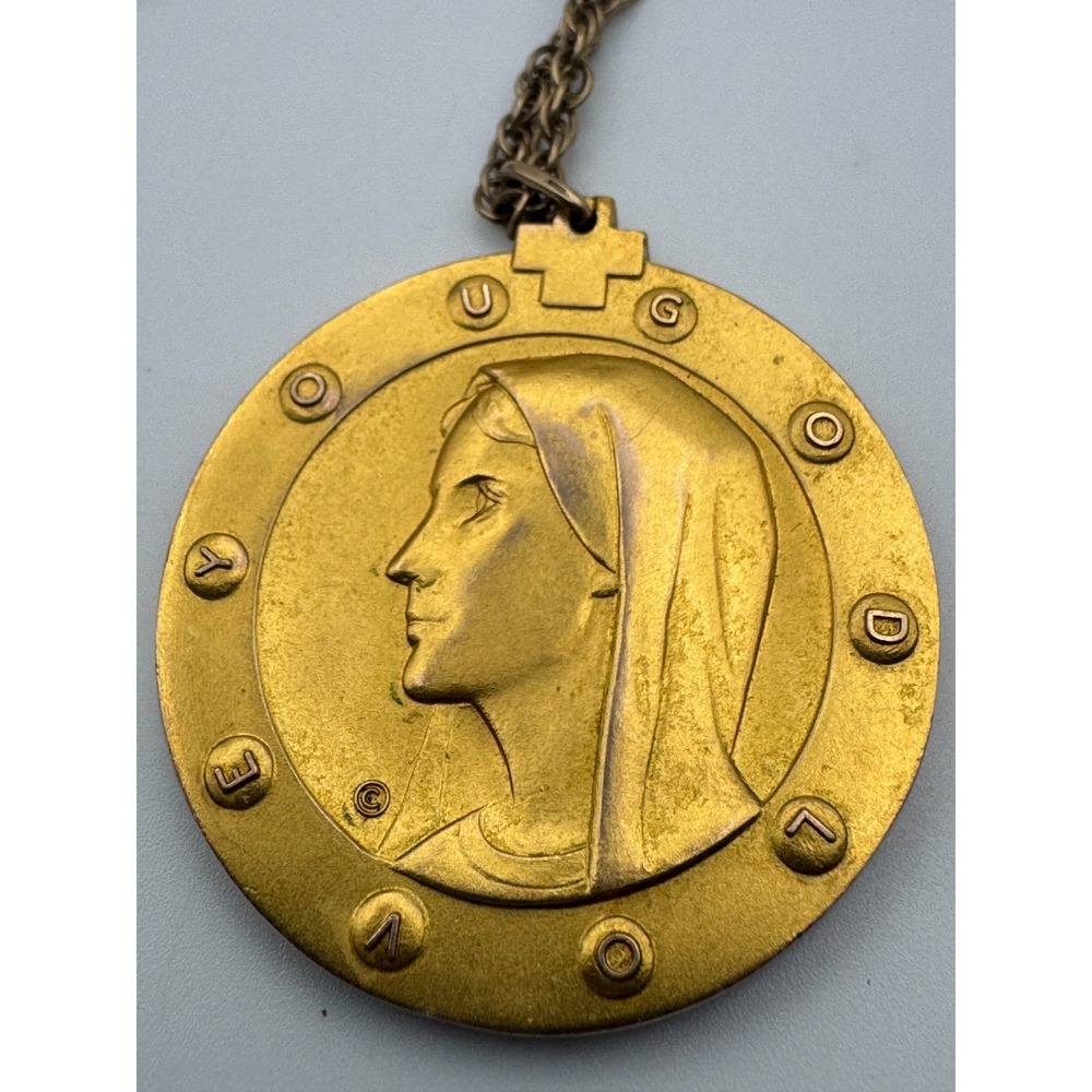 Vintage Virgin Mary Necklace Lang Double Sided Medallion Gold Filled Medal 30"